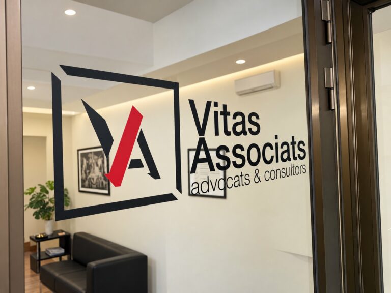 Logo de Vitas Associats en la puerta de la oficina, con la sala de espera al fondo